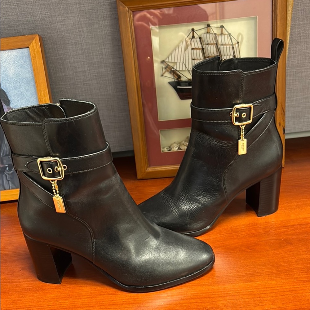 Coach Black Heeled Boots with Gold Hardware